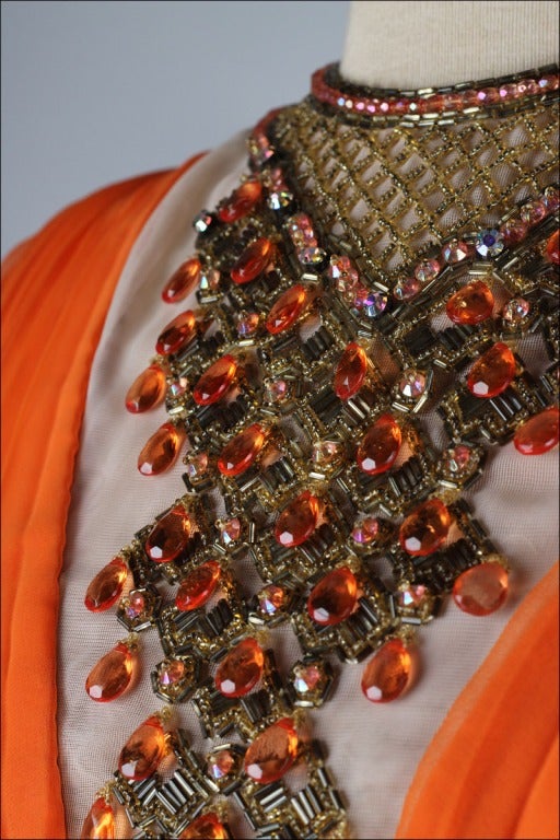 Vintage 1960's Jack Bryan Tangerine Chiffon Jeweled Bib Dress 1