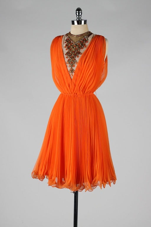 Vintage 1960's Jack Bryan Tangerine Chiffon Jeweled Bib Dress 2