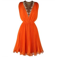 Vintage 1960's Jack Bryan Tangerine Chiffon Jeweled Bib Dress