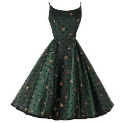 Retro 1950's Jonny Herbert Green Tulle Embroidered Dress