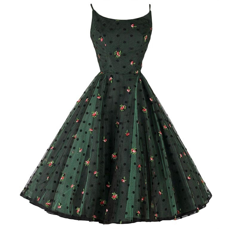 Vintage 1950's Jonny Herbert Green Tulle Embroidered Dress at 1stdibs