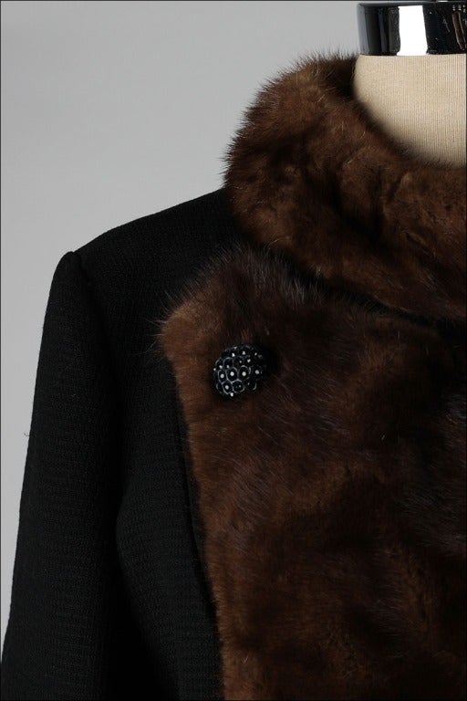 Women's Vintage 1960's Black Wool and Mink Fur Coat