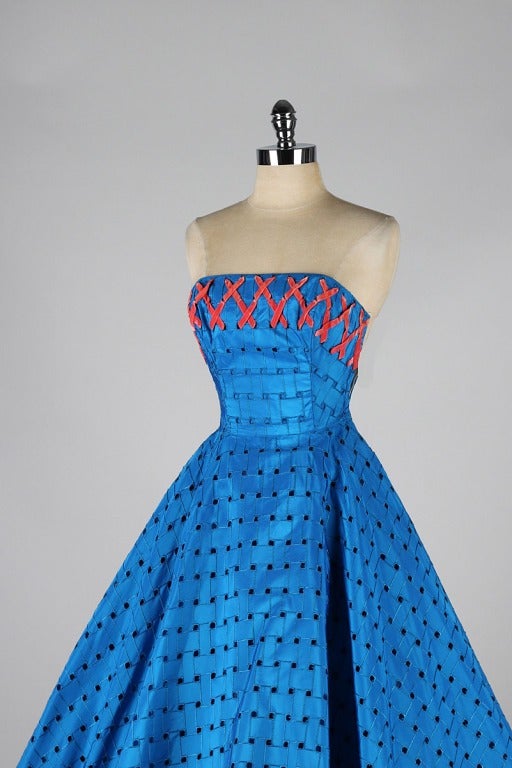 Vintage 1950's Cobalt Blue Lattice Ribbon Weave Dress 1