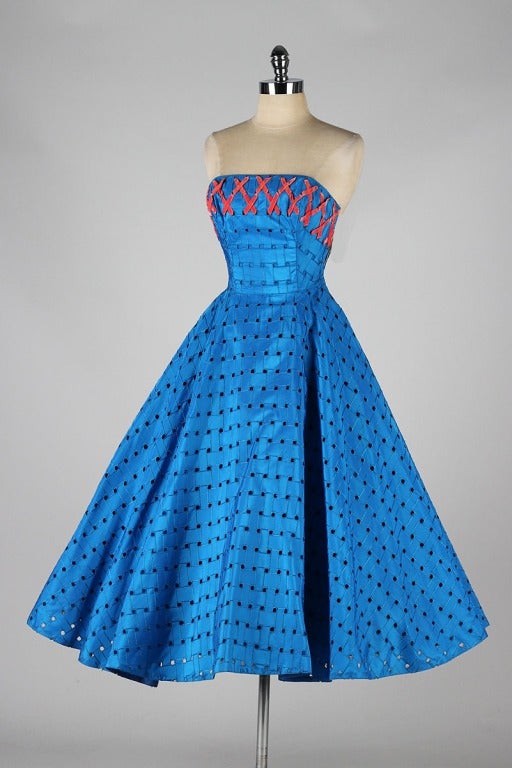 Vintage 1950's Cobalt Blue Lattice Ribbon Weave Dress 2