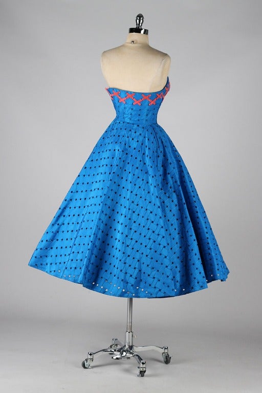 Vintage 1950's Cobalt Blue Lattice Ribbon Weave Dress 3