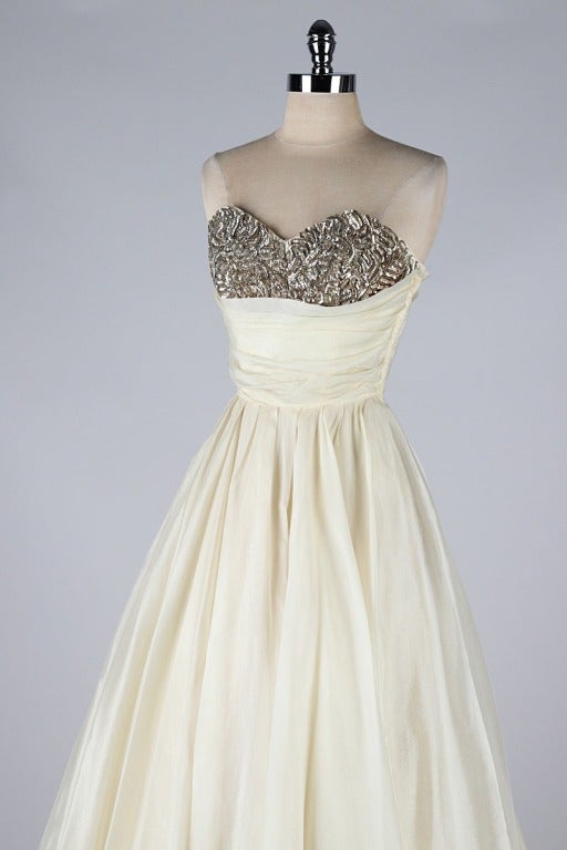 Vintage 1950's Emma Domb Ivory Organza Sequins Dress 2