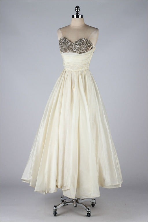 Vintage 1950's Emma Domb Ivory Organza Sequins Dress 3