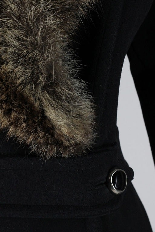 Women's Vintage 1960's Black Wool Coyote Fur Collar Coat