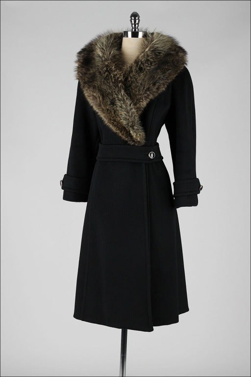 Vintage 1960's Black Wool Coyote Fur Collar Coat 3