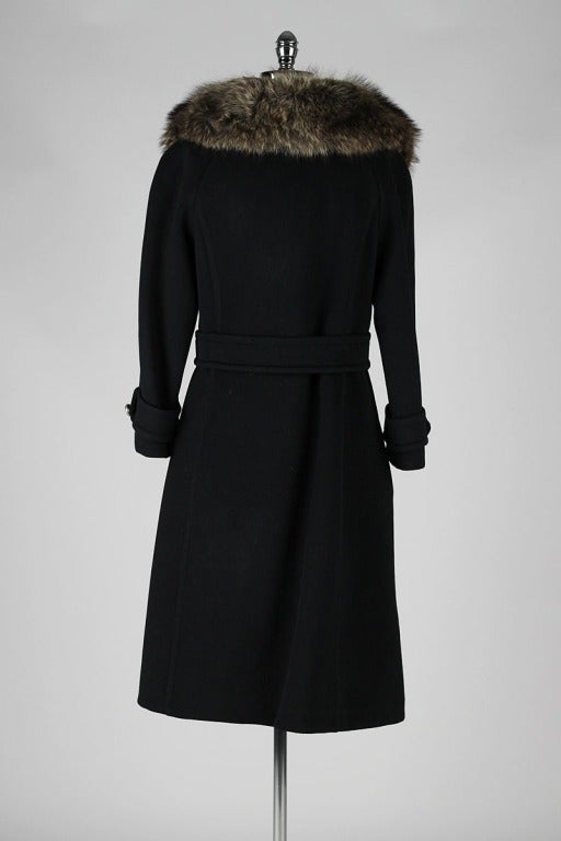 Vintage 1960's Black Wool Coyote Fur Collar Coat 4