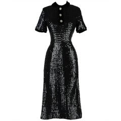 Vintage 1950
s Black Sequins Rhinestone Button Dress