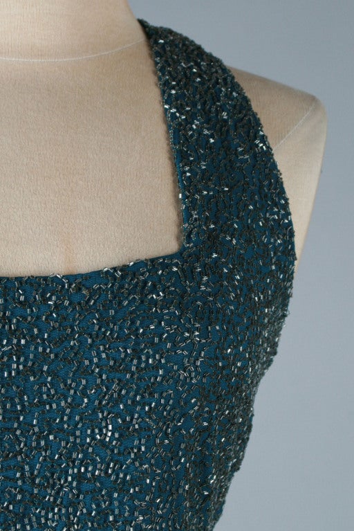 Women's Vintage 1930's Glass Beaded Teal Green Open Back Gown