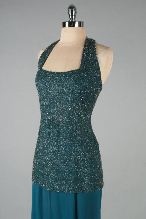 Vintage 1930's Glass Beaded Teal Green Open Back Gown 1
