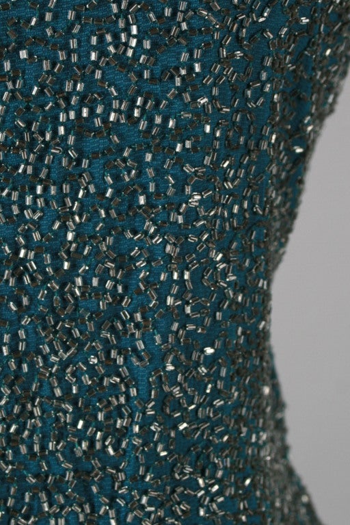 Vintage 1930's Glass Beaded Teal Green Open Back Gown 2