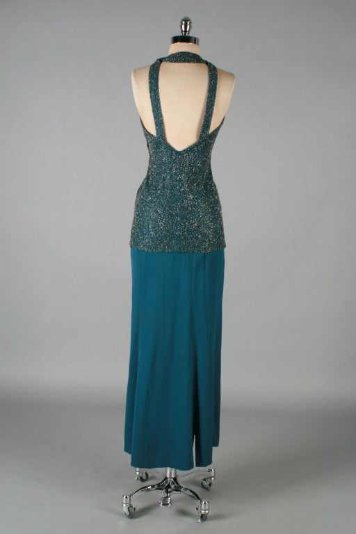 Vintage 1930's Glass Beaded Teal Green Open Back Gown 3