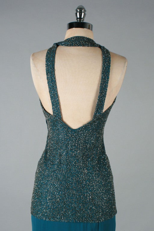 Vintage 1930's Glass Beaded Teal Green Open Back Gown 4