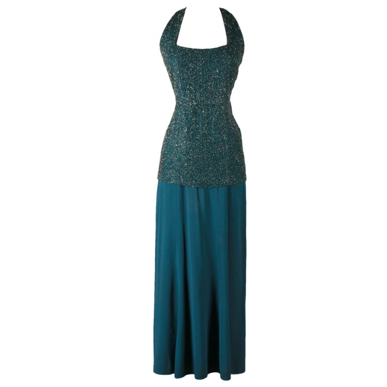 Vintage 1930's Glass Beaded Teal Green Open Back Gown