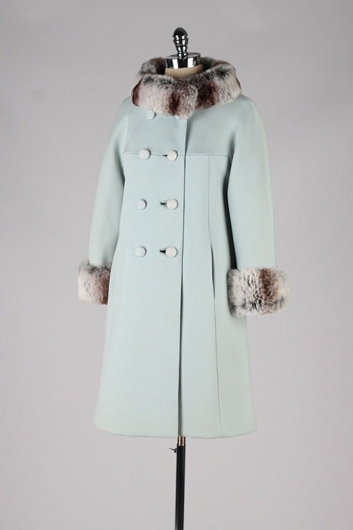 Vintage 1960's Powder Blue Wool Chinchilla Fur Coat 2