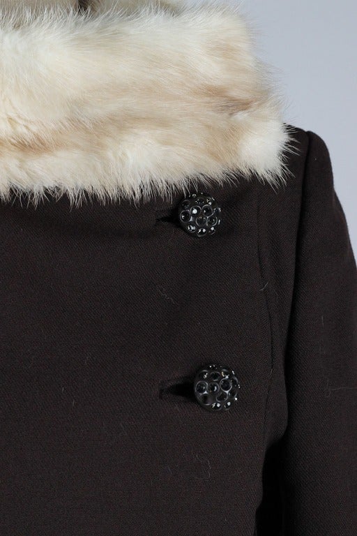 Vintage 1960's Chocolate Wool Mink Trim Coat In Excellent Condition In Hudson on the Saint Croix, WI
