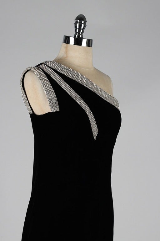 Women's Vintage 1980's Victor Costa Velvet Rhinestone One Shoulder Dress