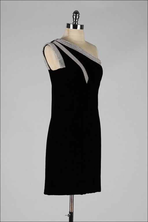 Vintage 1980's Victor Costa Velvet Rhinestone One Shoulder Dress 1