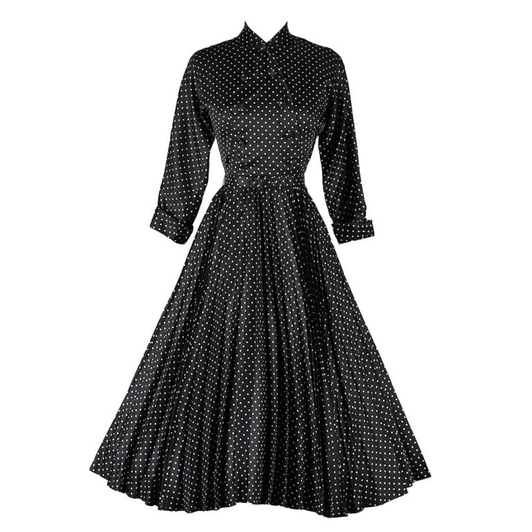 Vintage 1950's Suzy Perette Black White Polka Dot Dress
