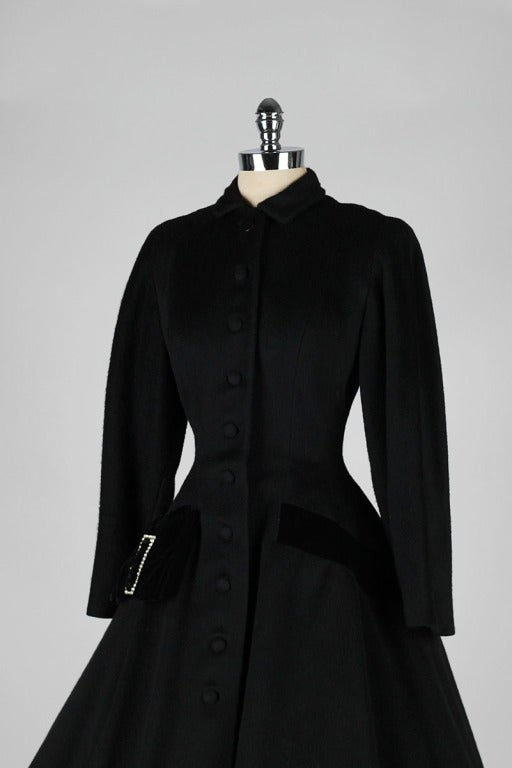 Vintage 1950's Black Wool Rhinestone Buckle Princess Coat 1