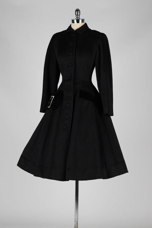 Vintage 1950's Black Wool Rhinestone Buckle Princess Coat 2
