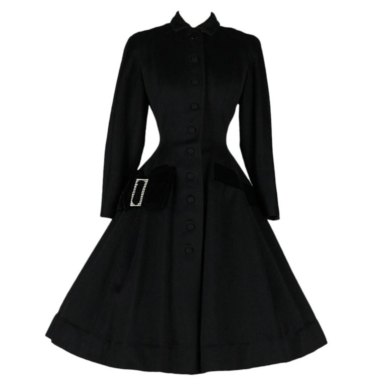 Vintage 1950's Black Wool Rhinestone Buckle Princess Coat