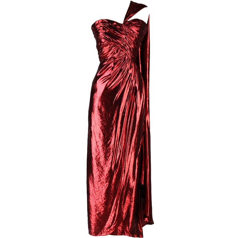 Vintage Años 80 Victor Costa Vestido de un hombro rojo líquido metalizado
