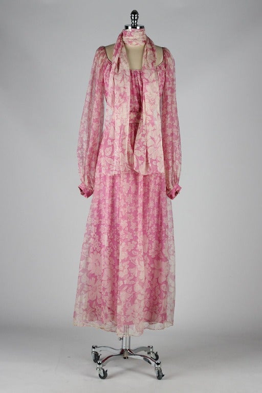 Vintage 1970's Pink Silk House of Arts Maxi Dress 1
