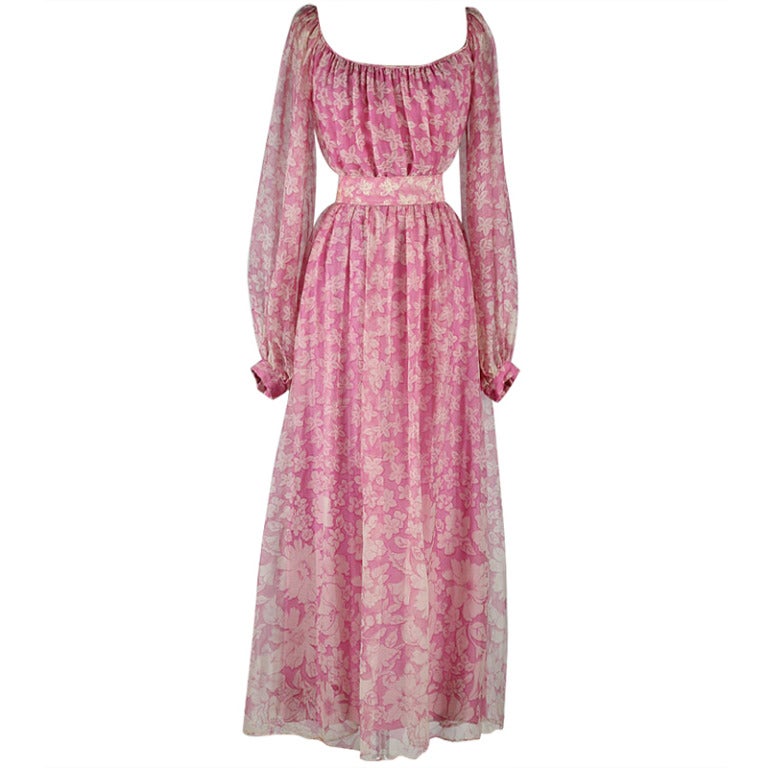 Vintage 1970's Pink Silk House of Arts Maxi Dress