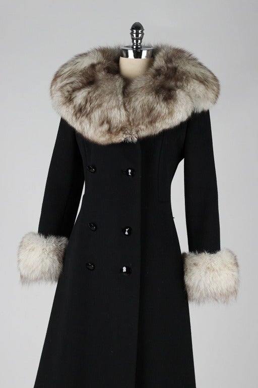 Vintage 1960's Black Wool Fox Fur Princess Coat In Excellent Condition In Hudson on the Saint Croix, WI
