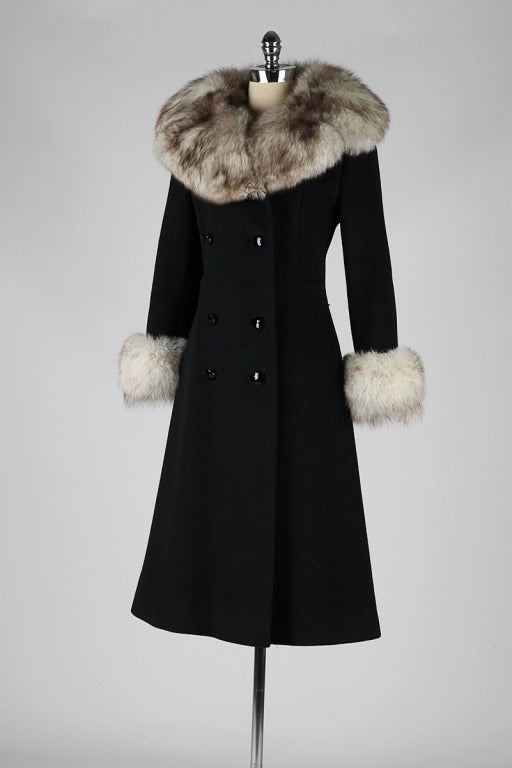 Women's Vintage 1960's Black Wool Fox Fur Princess Coat