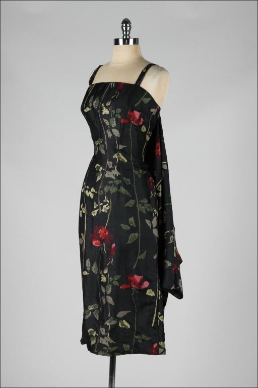 Women's Vintage 1950's Black Silk Floral Suzy Perette Dress