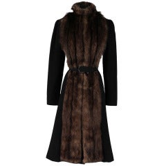 Vintage 1940's Black Wool Raccoon Fur Belted Coat