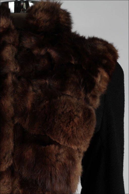 Vintage 1940's Black Wool Mink Bib Belted Coat In Excellent Condition In Hudson on the Saint Croix, WI