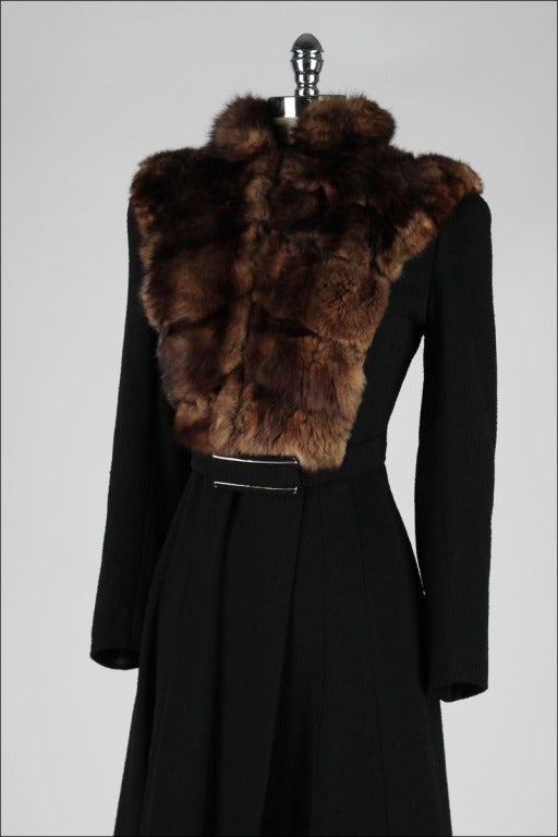 Vintage 1940's Black Wool Mink Bib Belted Coat 1