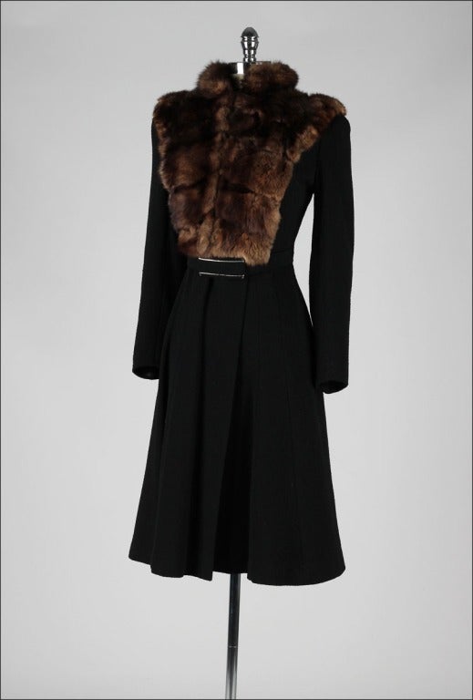 Vintage 1940's Black Wool Mink Bib Belted Coat 2
