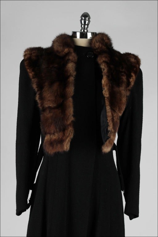 Vintage 1940's Black Wool Mink Bib Belted Coat 4