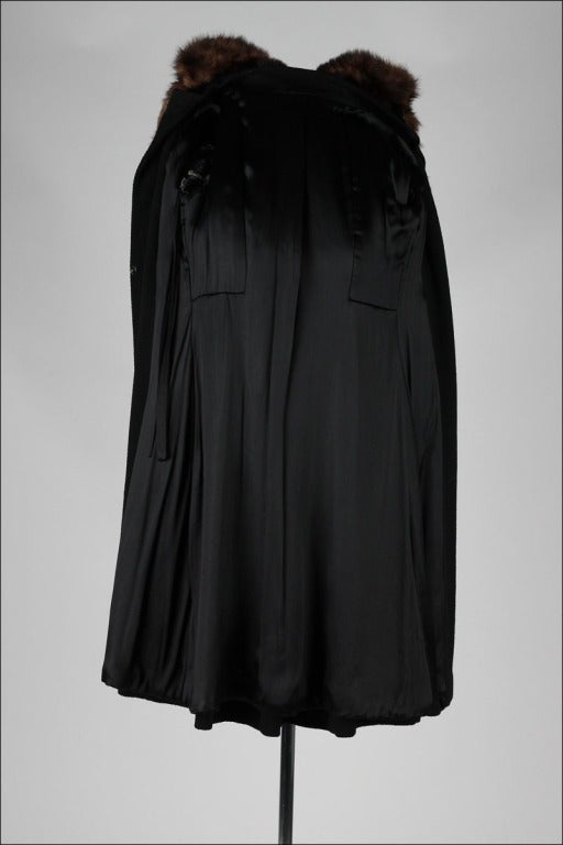 Vintage 1940's Black Wool Mink Bib Belted Coat 5