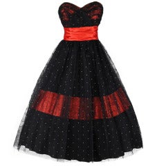 Vintage 1950's Red Satin Black Tulle Flocked Cocktail Dress