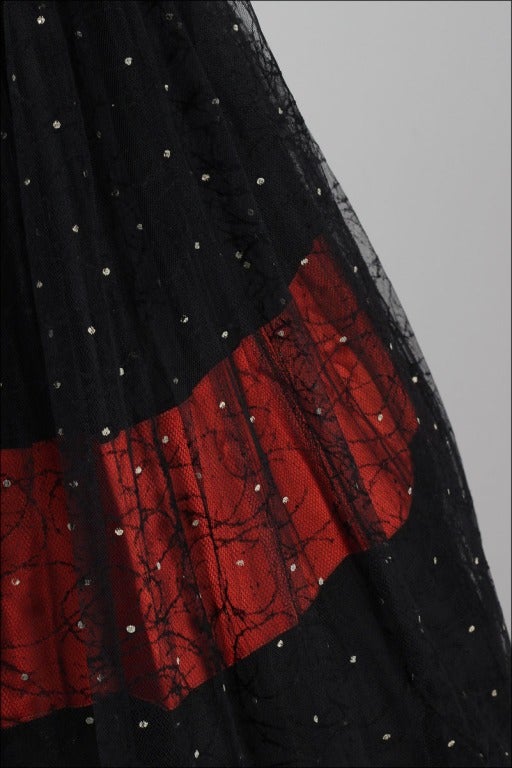 Women's Vintage 1950's Red Satin Black Tulle Flocked Cocktail Dress
