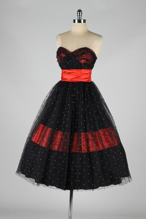 Vintage 1950's Red Satin Black Tulle Flocked Cocktail Dress 1