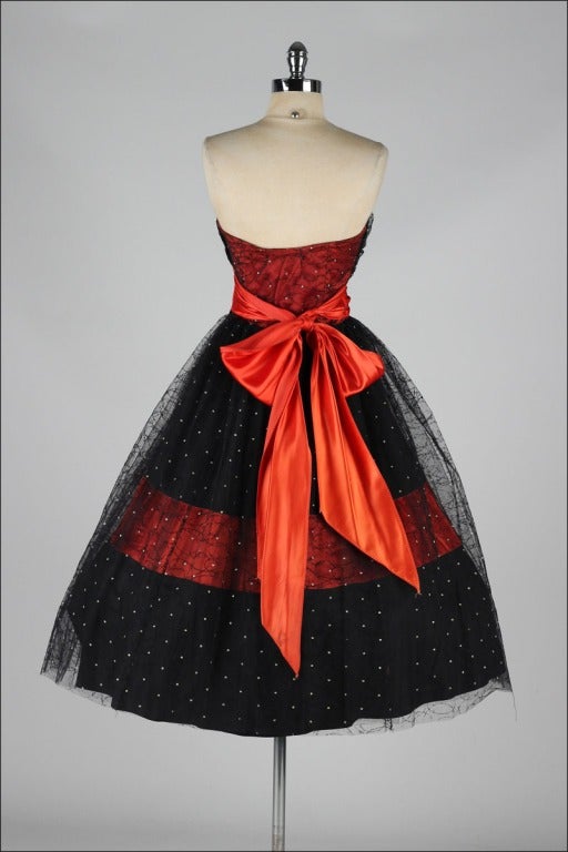 Vintage 1950's Red Satin Black Tulle Flocked Cocktail Dress 2