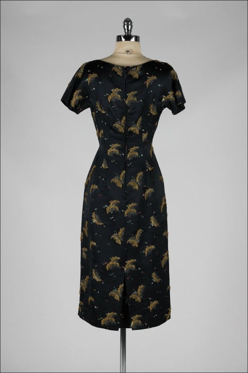 Vintage 1950's Black Satin Gold Beaded Feathers Cocktail Dress 4