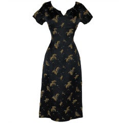 Vintage 1950's Black Satin Gold Beaded Feathers Cocktail Dress