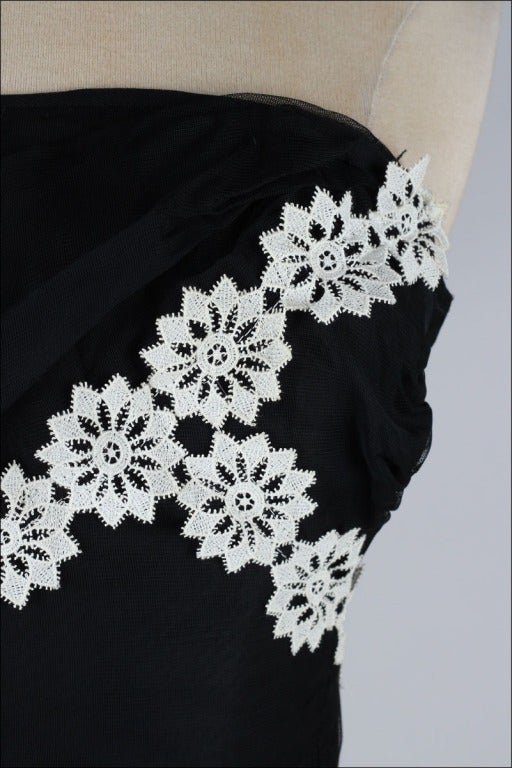 Vintage 1940's Black Mesh White Flowers Strapless Dress In Excellent Condition In Hudson on the Saint Croix, WI