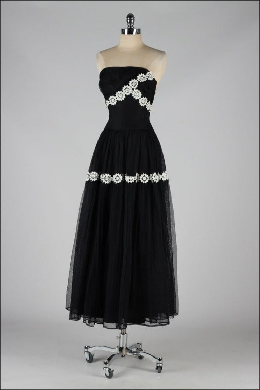 Vintage 1940's Black Mesh White Flowers Strapless Dress 1