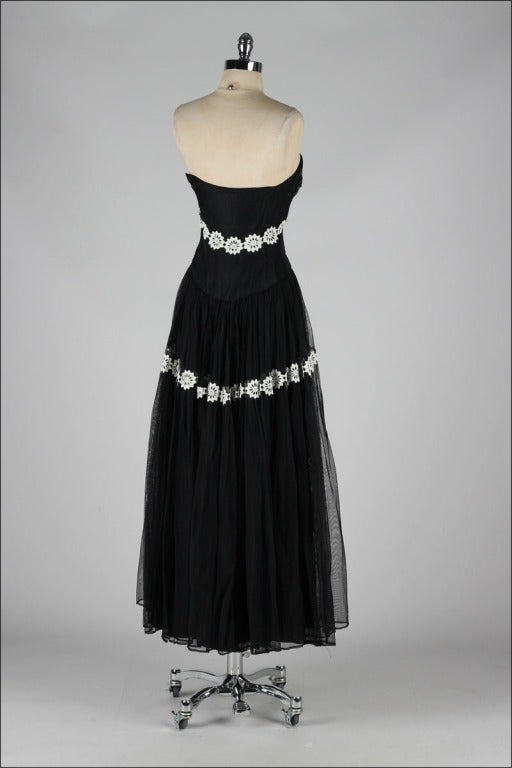 Vintage 1940's Black Mesh White Flowers Strapless Dress 2